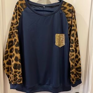 Plus Size 3XL Mixed Media Sweatshirt Animal Print Sleeves Gold Sequined Pocket